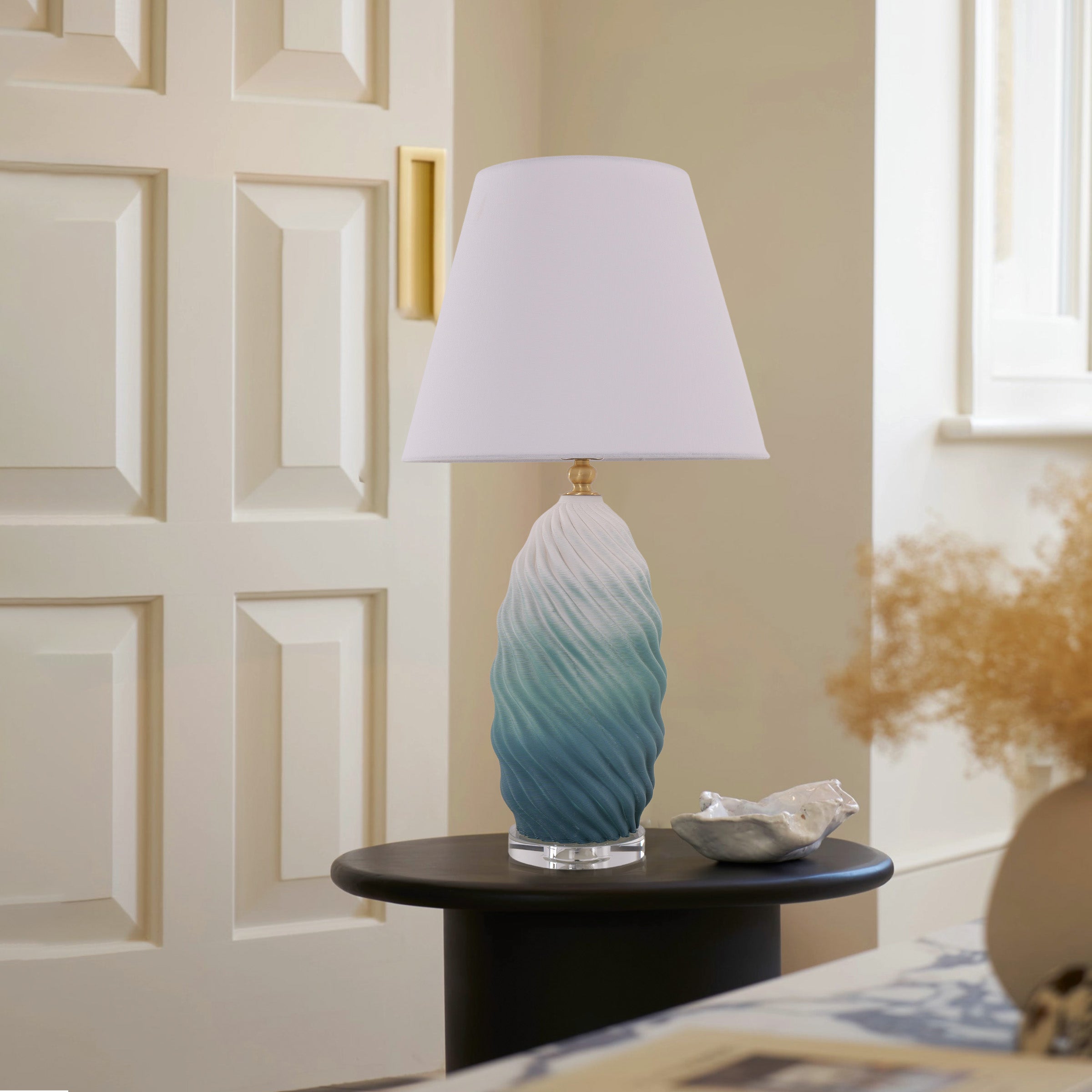 3d-blue-green-white-gradient-threaded-ceramic-table-lamp-with-fabric-shade